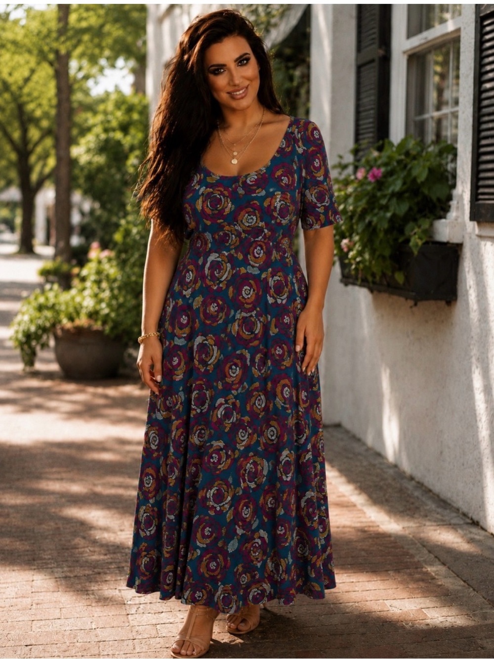 LuLaRoe Scoop Neck Maxi Dress with Purple and Teal Floral Print, size XL